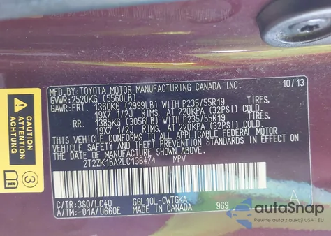 2014 Lexus Rx 350 from USA, damaged, VIN 2T2ZK1BA2EC136474